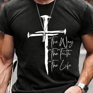 Mens Christian Cross Casual Crew Neck Tshirt